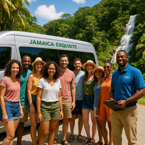 Group of nine happy tourists posing in front of a Jamaica Exquisite Transfer and Tours van with lush tropical trees and a waterfall in the background