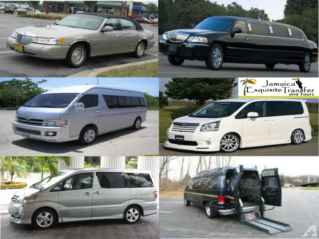  See some of Jamaica Exquisite Transfer and Tours luxury vehicles such as our town car, limousine, minivan and the new Toyota Alphard that we used to transfer our guest from Montego B ay and Kingston airport to any part of the island. 